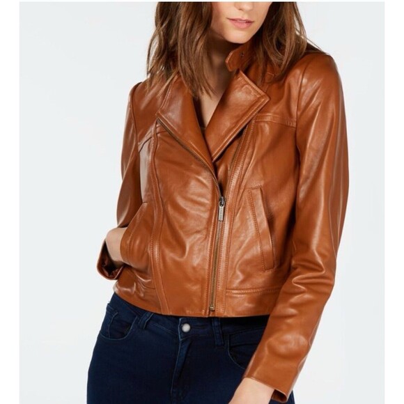 MICHAEL KORS Jacket 100% lambskin Leather Asymmetric Zip Brown luggage NWT - Picture 1 of 16